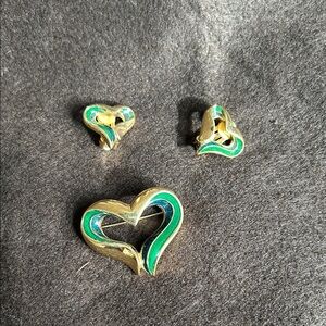 Gold-tone Heart Brooch and Clip-On Earrings with Green Enamel